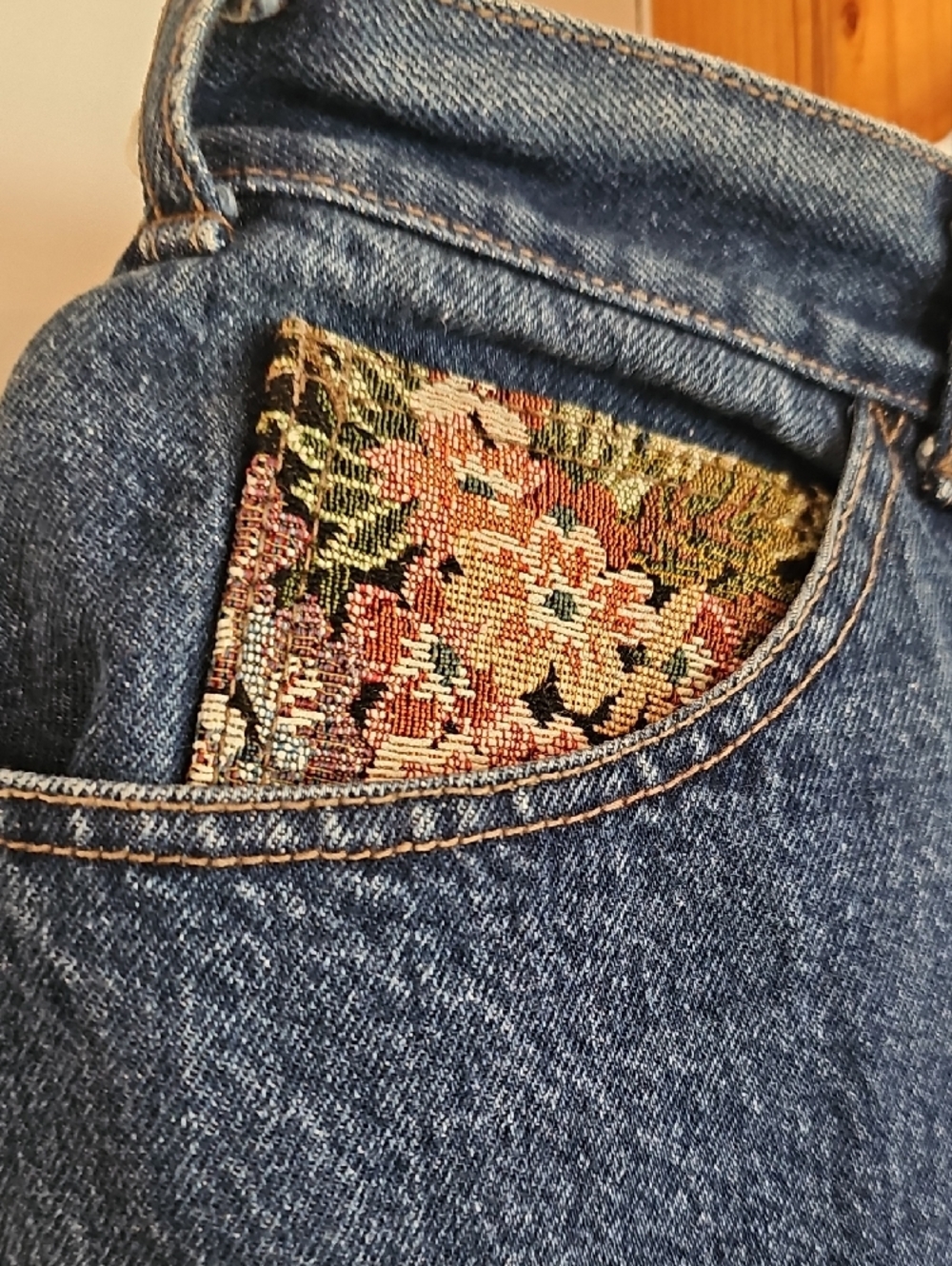 Vintage 90s Dark Blue Denim Pencil Skirt with Tapestry Accents